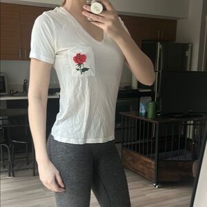 White V-Neck T-Shirt with Rose Design